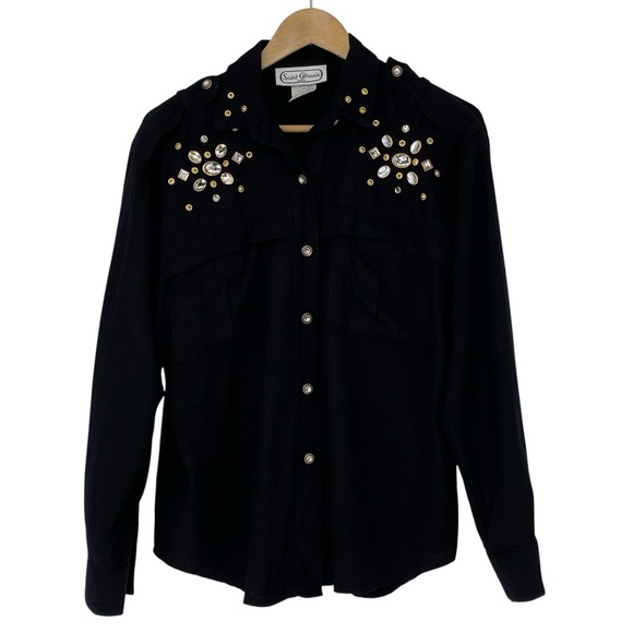 Saint Germain Paris -black LS button down shirt with Rhinestone Detail on Front - Picture 1 of 14